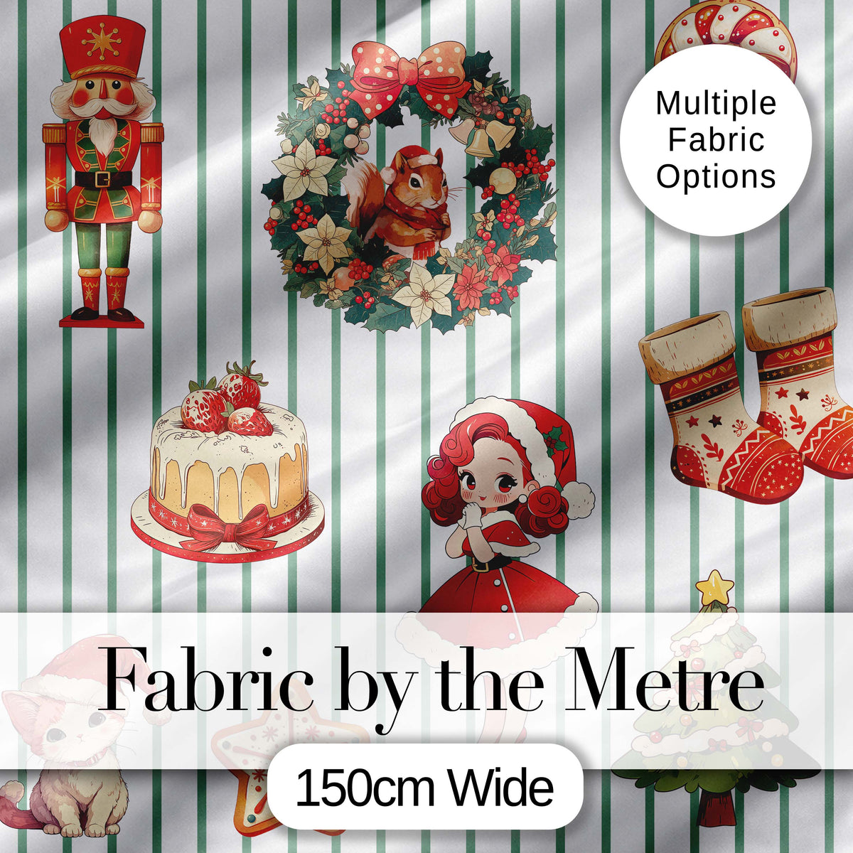 Christmas Nutcracker Squirrel Cake Candy Cane Girl Tree Green Stripe Background Digital Print Fabric by the Metre UK Sewing Quilting Textile