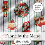 Christmas Nutcracker Squirrel Cake Candy Cane Girl Tree Green Stripe Background Digital Print Fabric by the Metre UK Sewing Quilting Textile