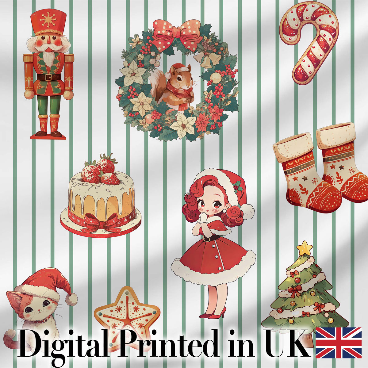 Christmas Nutcracker Squirrel Cake Candy Cane Girl Tree Green Stripe Background Digital Print Fabric by the Metre UK Sewing Quilting Textile