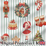 Christmas Nutcracker Squirrel Cake Candy Cane Girl Tree Green Stripe Background Digital Print Fabric by the Metre UK Sewing Quilting Textile