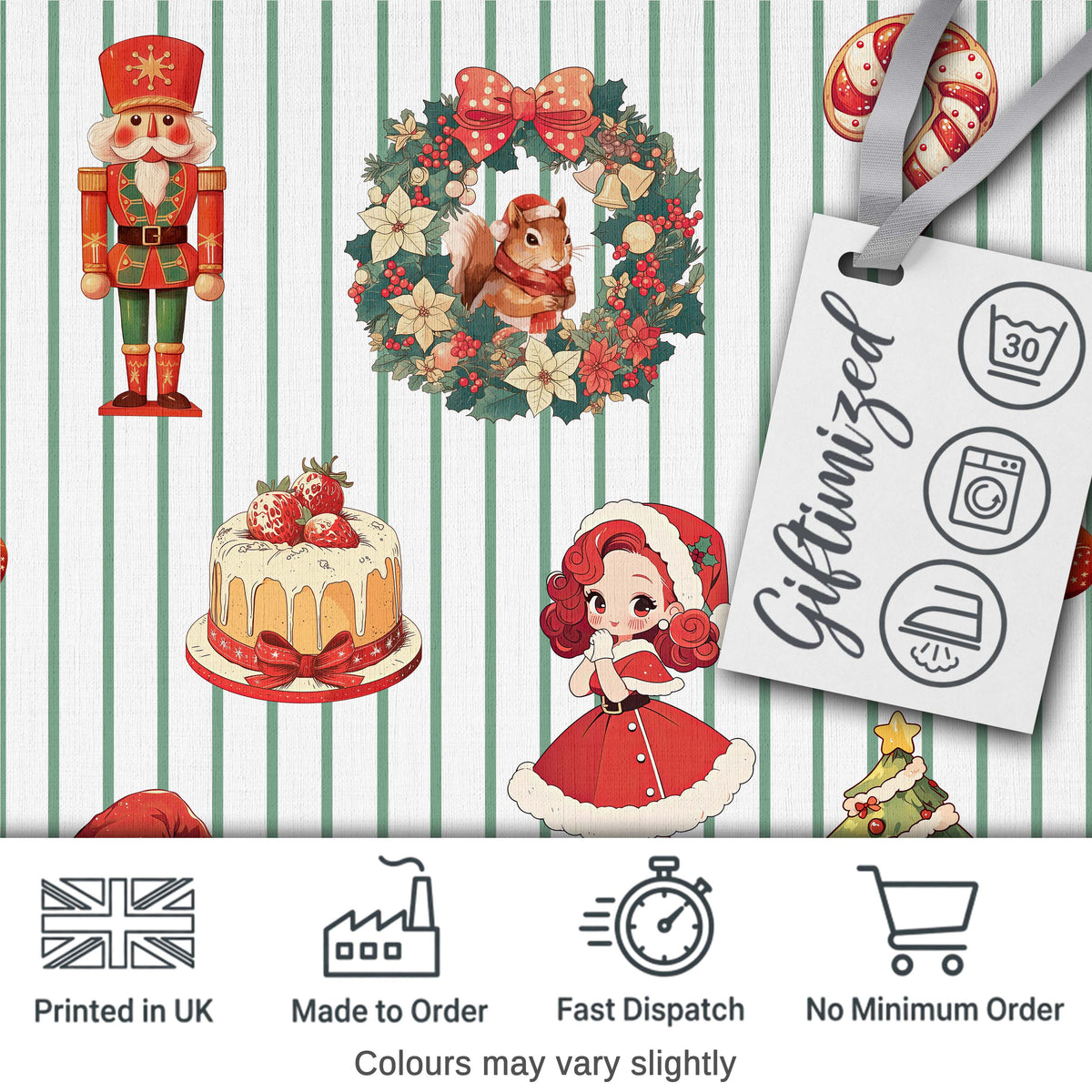 Christmas Nutcracker Squirrel Cake Candy Cane Girl Tree Green Stripe Background Digital Print Fabric by the Metre UK Sewing Quilting Textile