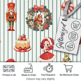 Christmas Nutcracker Squirrel Cake Candy Cane Girl Tree Green Stripe Background Digital Print Fabric by the Metre UK Sewing Quilting Textile