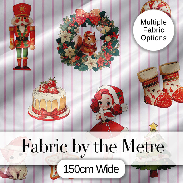 Christmas Nutcracker Squirrel Cake Candy Cane Girl Tree Pink Stripe Background Digital Print Fabric by the Metre UK Sewing Quilting Textile