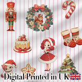 Christmas Nutcracker Squirrel Cake Candy Cane Girl Tree Pink Stripe Background Digital Print Fabric by the Metre UK Sewing Quilting Textile