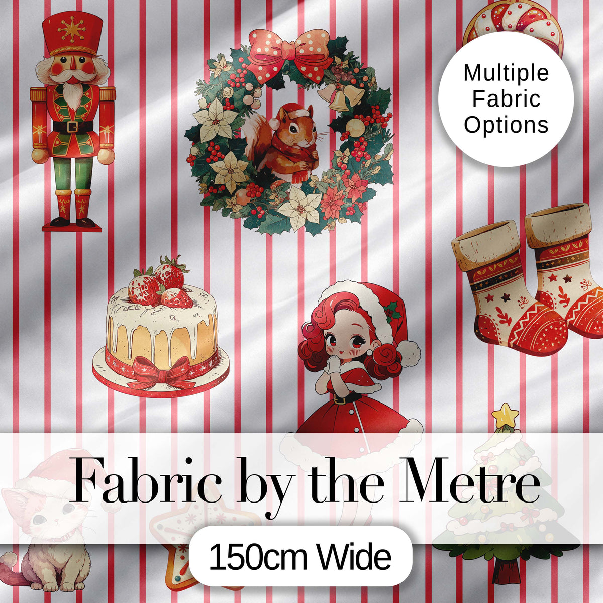 Christmas Nutcracker Squirrel Cake Candy Cane Girl Tree Red Stripe Background Digital Print Fabric by the Metre UK Sewing Quilting Textile