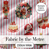 Christmas Nutcracker Squirrel Cake Candy Cane Girl Tree Red Stripe Background Digital Print Fabric by the Metre UK Sewing Quilting Textile