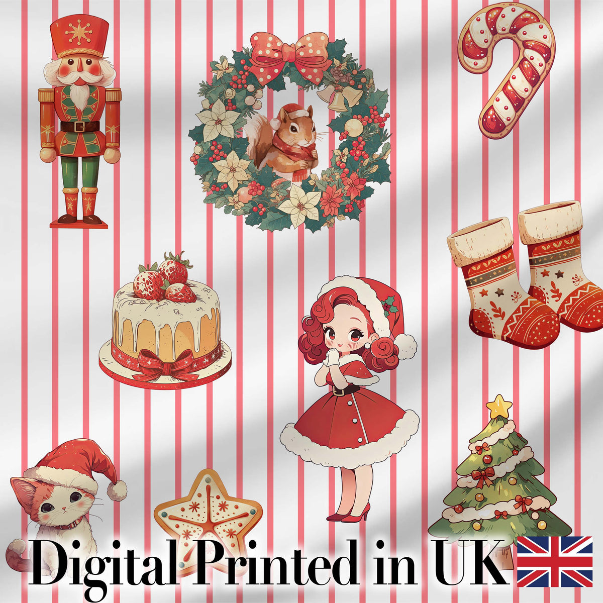 Christmas Nutcracker Squirrel Cake Candy Cane Girl Tree Red Stripe Background Digital Print Fabric by the Metre UK Sewing Quilting Textile