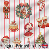 Christmas Nutcracker Squirrel Cake Candy Cane Girl Tree Red Stripe Background Digital Print Fabric by the Metre UK Sewing Quilting Textile