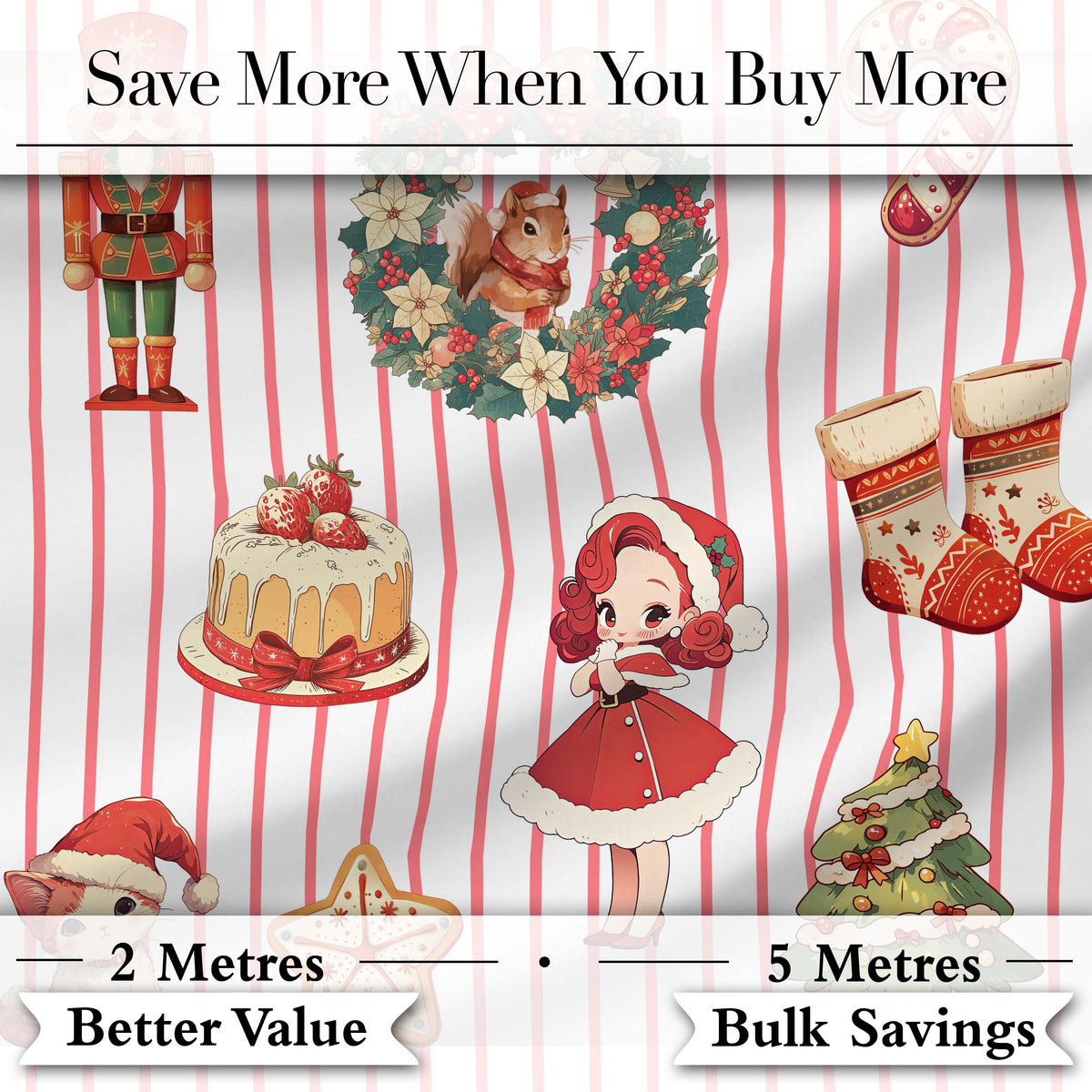 Christmas Nutcracker Squirrel Cake Candy Cane Girl Tree Red Stripe Background Digital Print Fabric by the Metre UK Sewing Quilting Textile