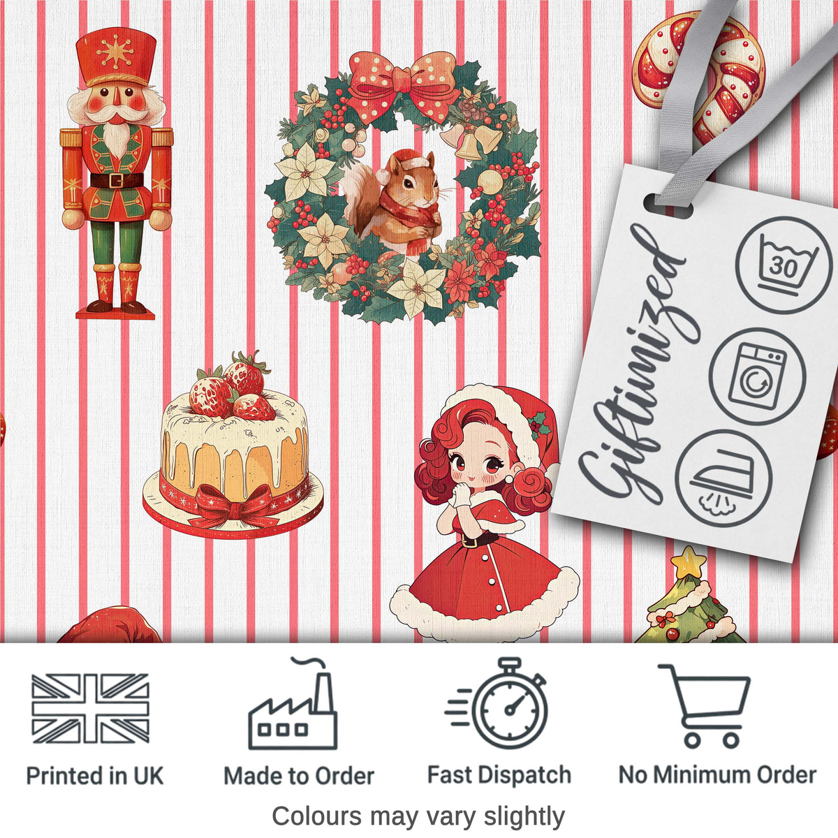 Christmas Nutcracker Squirrel Cake Candy Cane Girl Tree Red Stripe Background Digital Print Fabric by the Metre UK Sewing Quilting Textile