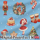 Christmas Nutcracker Squirrel Cake Candy Cane Girl Tree Blue Snow Background Digital Print Fabric by the Metre UK Sewing Quilting Textile