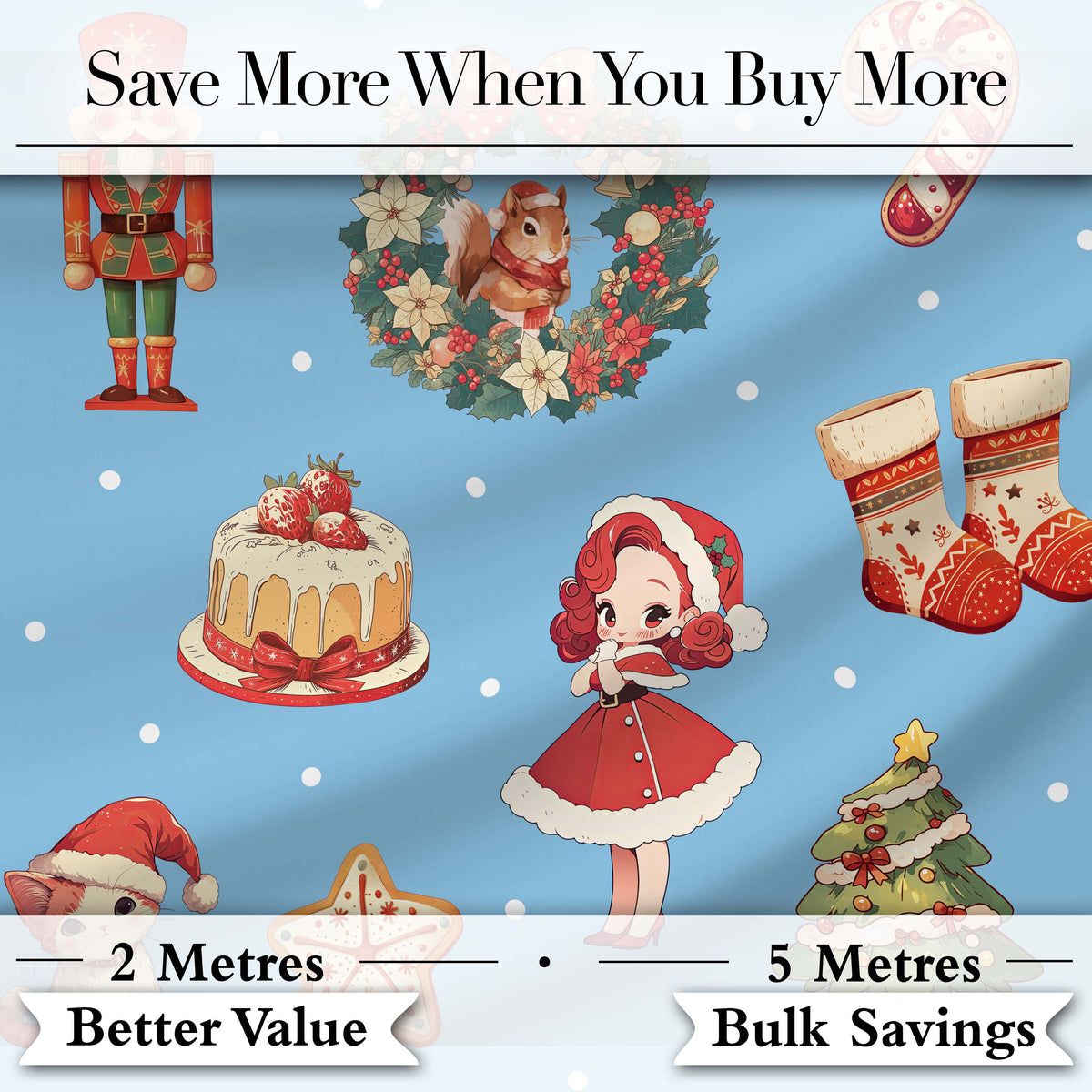 Christmas Nutcracker Squirrel Cake Candy Cane Girl Tree Blue Snow Background Digital Print Fabric by the Metre UK Sewing Quilting Textile