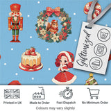 Christmas Nutcracker Squirrel Cake Candy Cane Girl Tree Blue Snow Background Digital Print Fabric by the Metre UK Sewing Quilting Textile