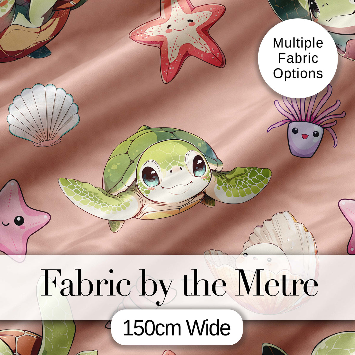 Cute Sea Turtle Starfish Shell Kawaii Ocean Seamless Pattern Peach Background Digital Print Fabric by the Metre UK Sewing Quilting Textile