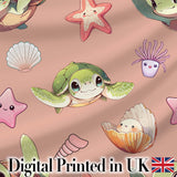 Cute Sea Turtle Starfish Shell Kawaii Ocean Seamless Pattern Peach Background Digital Print Fabric by the Metre UK Sewing Quilting Textile