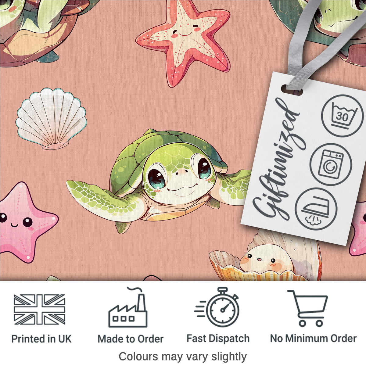 Cute Sea Turtle Starfish Shell Kawaii Ocean Seamless Pattern Peach Background Digital Print Fabric by the Metre UK Sewing Quilting Textile