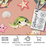 Cute Sea Turtle Starfish Shell Kawaii Ocean Seamless Pattern Peach Background Digital Print Fabric by the Metre UK Sewing Quilting Textile