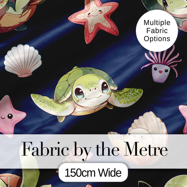 Cute Sea Turtle Starfish Shell Kawaii Ocean Seamless Pattern Navy Background Digital Print Fabric by the Metre UK Sewing Quilting Textile