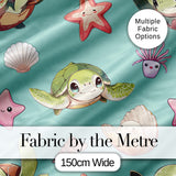 Cute Sea Turtle Starfish Shell Kawaii Ocean Seamless Pattern Teal Background Digital Print Fabric by the Metre UK Sewing Quilting Textile