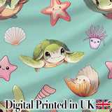 Cute Sea Turtle Starfish Shell Kawaii Ocean Seamless Pattern Teal Background Digital Print Fabric by the Metre UK Sewing Quilting Textile