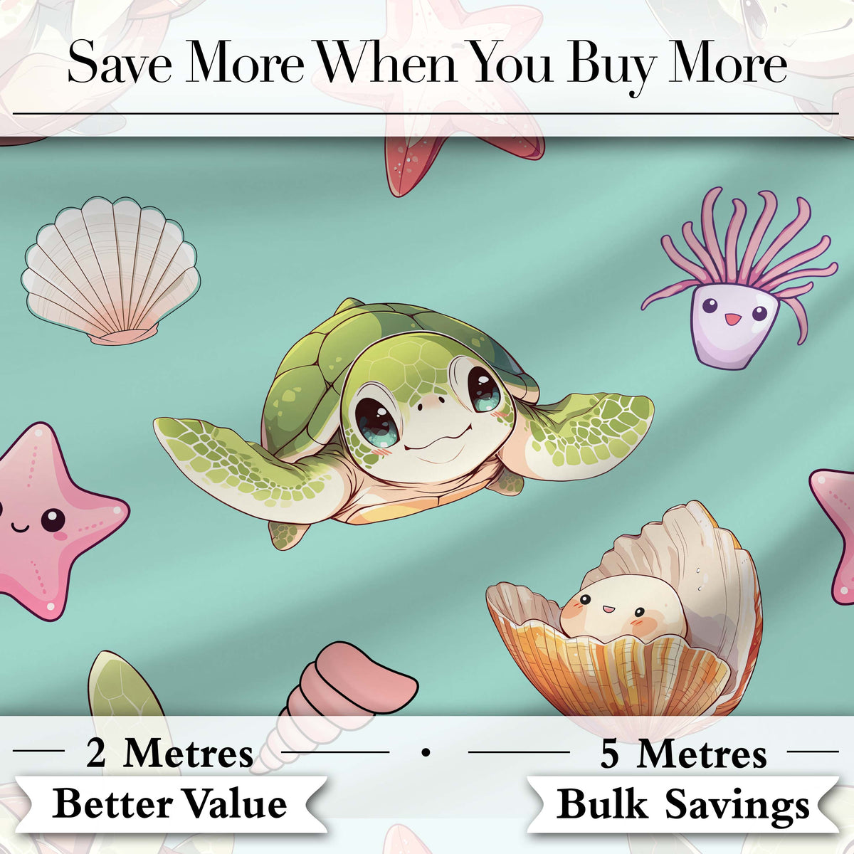 Cute Sea Turtle Starfish Shell Kawaii Ocean Seamless Pattern Teal Background Digital Print Fabric by the Metre UK Sewing Quilting Textile