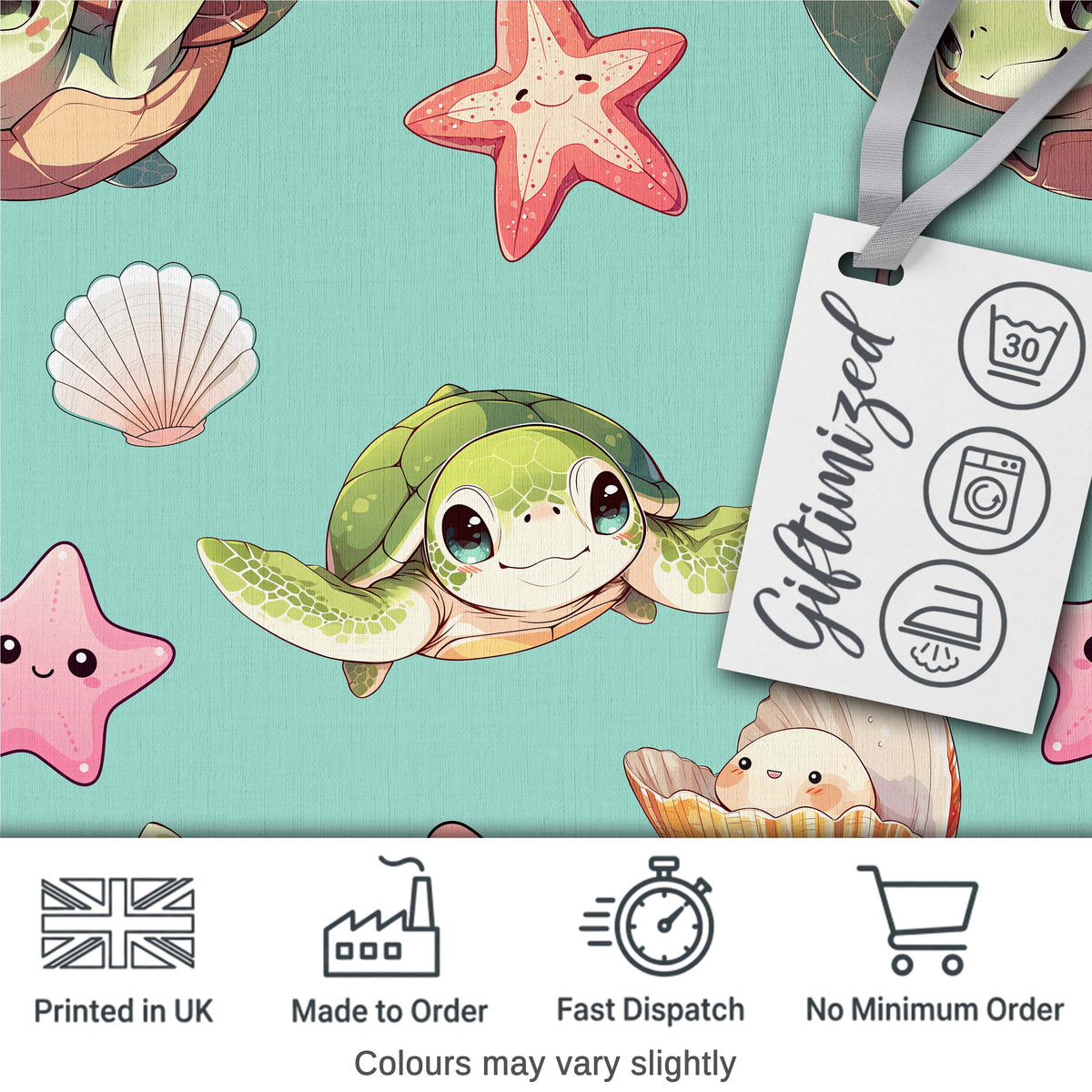 Cute Sea Turtle Starfish Shell Kawaii Ocean Seamless Pattern Teal Background Digital Print Fabric by the Metre UK Sewing Quilting Textile