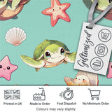 Cute Sea Turtle Starfish Shell Kawaii Ocean Seamless Pattern Teal Background Digital Print Fabric by the Metre UK Sewing Quilting Textile