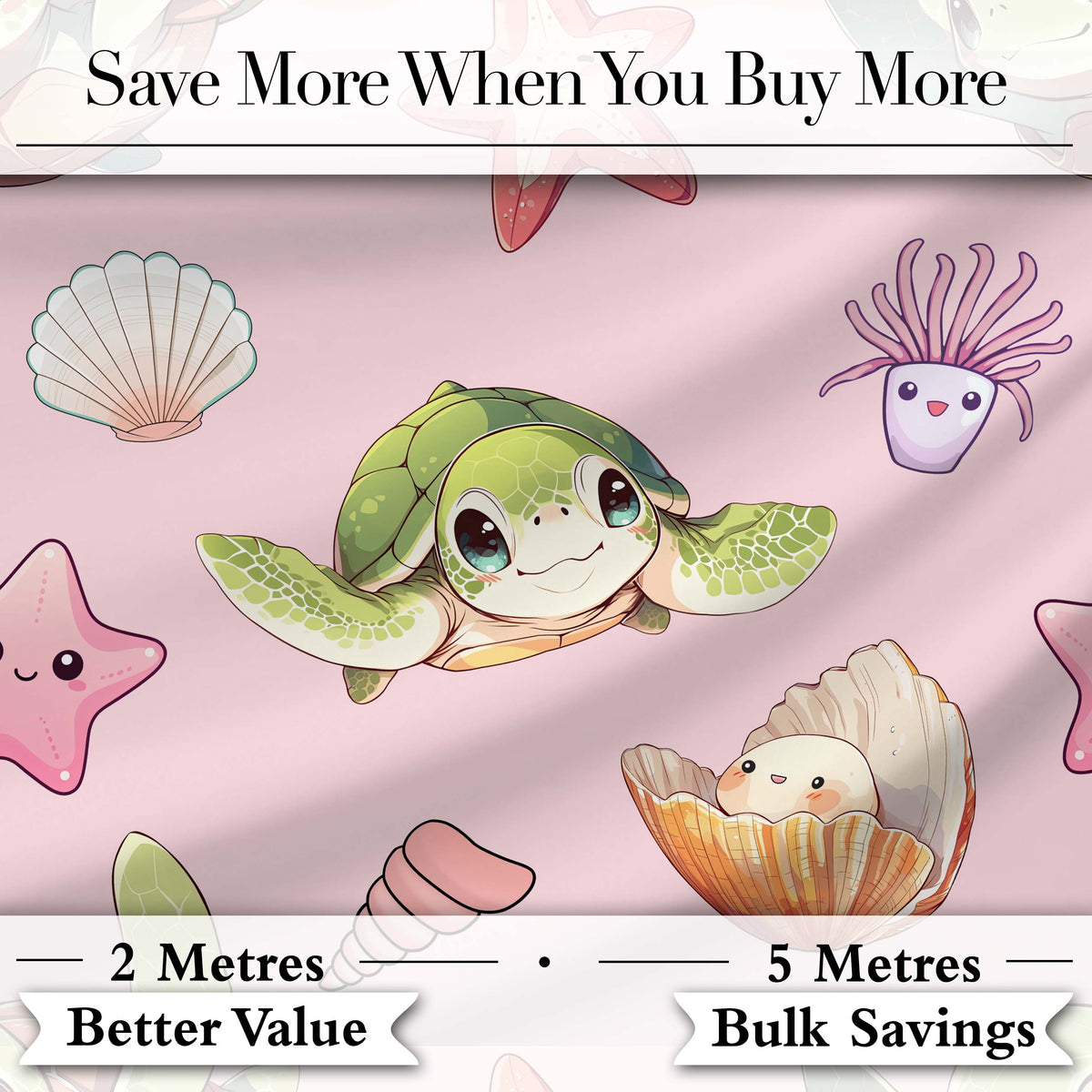 Cute Sea Turtle Starfish Shell Kawaii Ocean Seamless Pattern Pink Background Digital Print Fabric by the Metre UK Sewing Quilting Textile