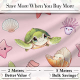 Cute Sea Turtle Starfish Shell Kawaii Ocean Seamless Pattern Pink Background Digital Print Fabric by the Metre UK Sewing Quilting Textile