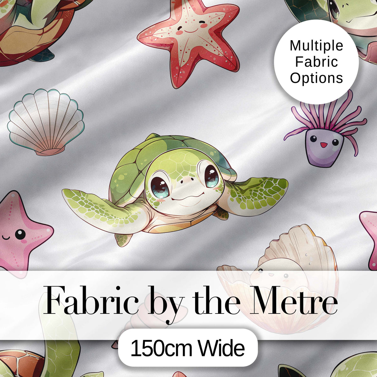 Cute Sea Turtle Starfish Shell Kawaii Ocean  Pattern Light Grey Background Digital Print Fabric by the Metre UK Sewing Quilting Textile