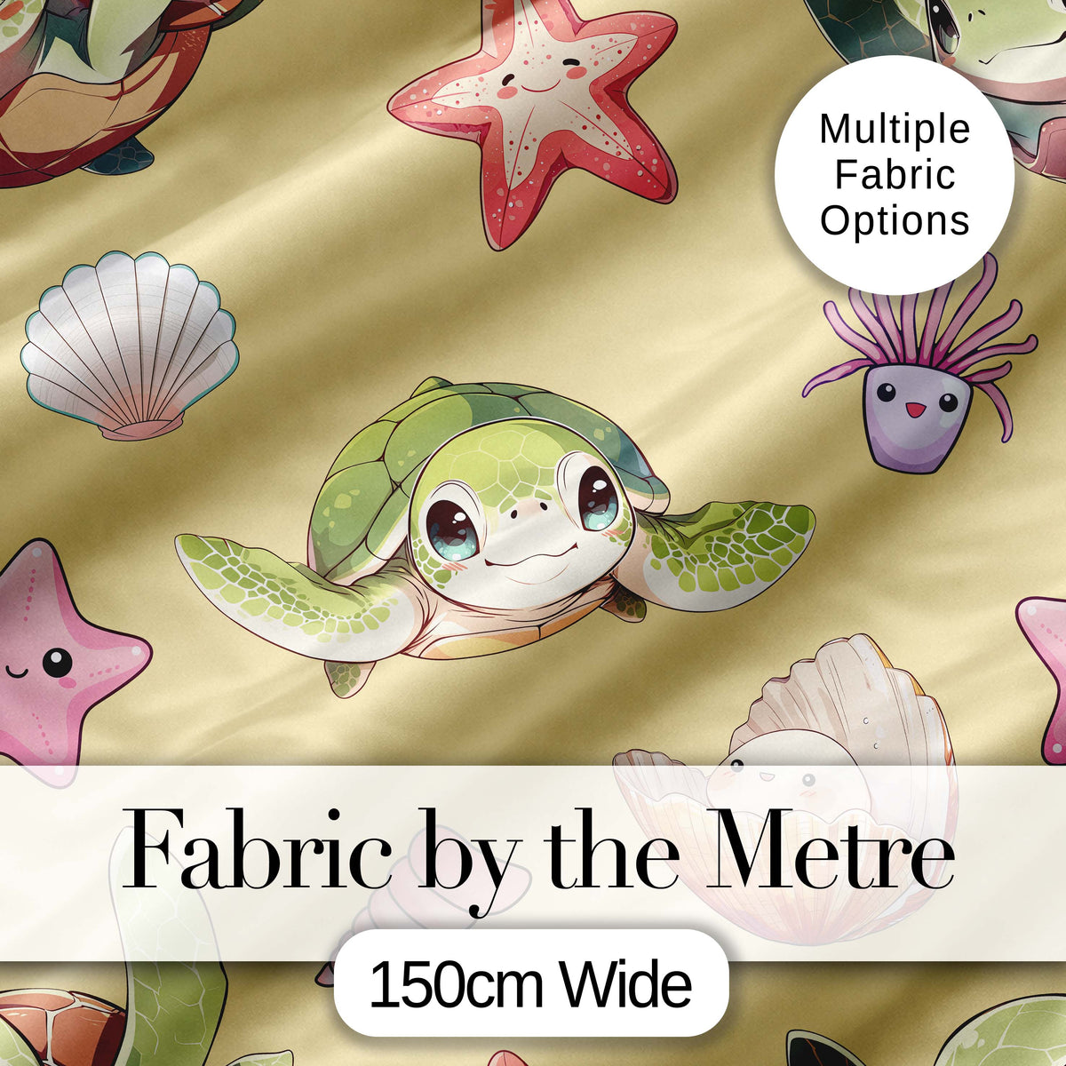 Cute Sea Turtle Starfish Shell Kawaii Ocean Seamless Pattern Yellow Background Digital Print Fabric by the Metre UK Sewing Quilting Textile