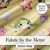 Cute Sea Turtle Starfish Shell Kawaii Ocean Seamless Pattern Yellow Background Digital Print Fabric by the Metre UK Sewing Quilting Textile