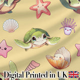 Cute Sea Turtle Starfish Shell Kawaii Ocean Seamless Pattern Yellow Background Digital Print Fabric by the Metre UK Sewing Quilting Textile