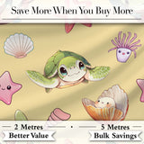 Cute Sea Turtle Starfish Shell Kawaii Ocean Seamless Pattern Yellow Background Digital Print Fabric by the Metre UK Sewing Quilting Textile