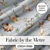 Cute Woodland Animals Koala Kangaroo Bear Floral  Pattern Grey Background Digital Print Fabric by the Metre UK Sewing Quilting Textile