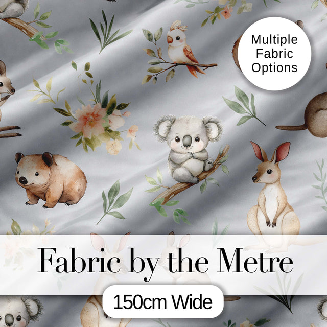 Cute Woodland Animals Koala Kangaroo Bear Floral  Pattern Grey Background Digital Print Fabric by the Metre UK Sewing Quilting Textile