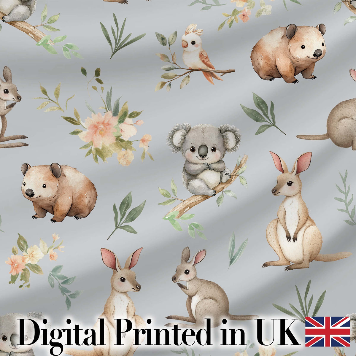 Cute Woodland Animals Koala Kangaroo Bear Floral  Pattern Grey Background Digital Print Fabric by the Metre UK Sewing Quilting Textile