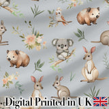 Cute Woodland Animals Koala Kangaroo Bear Floral  Pattern Grey Background Digital Print Fabric by the Metre UK Sewing Quilting Textile