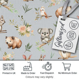 Cute Woodland Animals Koala Kangaroo Bear Floral  Pattern Grey Background Digital Print Fabric by the Metre UK Sewing Quilting Textile