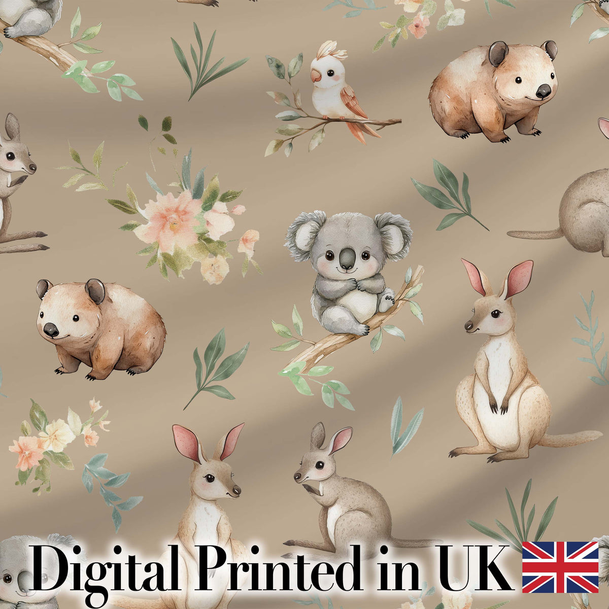 Cute Woodland Animals Koala Kangaroo Bear Floral  Pattern Taupe Background Digital Print Fabric by the Metre UK Sewing Quilting Textile