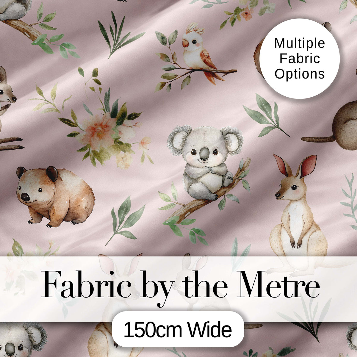 Cute Woodland Animals Koala Kangaroo Bear Floral  Pattern Blush Pink Background Digital Print Fabric by the Metre UK Sewing Quilting Textile