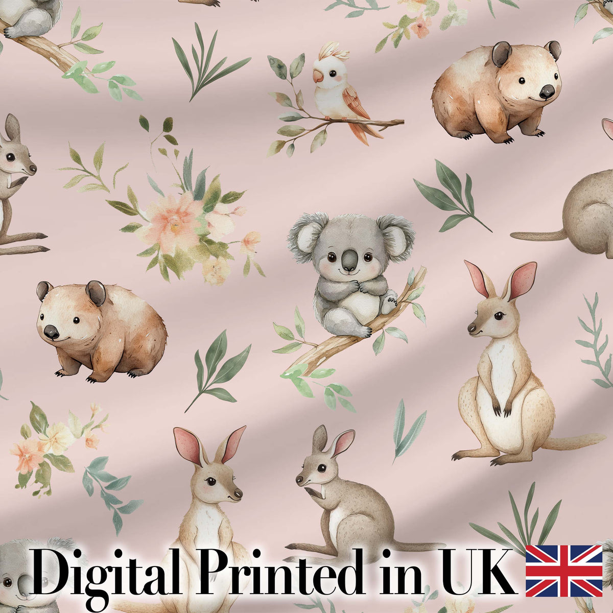 Cute Woodland Animals Koala Kangaroo Bear Floral  Pattern Blush Pink Background Digital Print Fabric by the Metre UK Sewing Quilting Textile