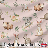 Cute Woodland Animals Koala Kangaroo Bear Floral  Pattern Blush Pink Background Digital Print Fabric by the Metre UK Sewing Quilting Textile