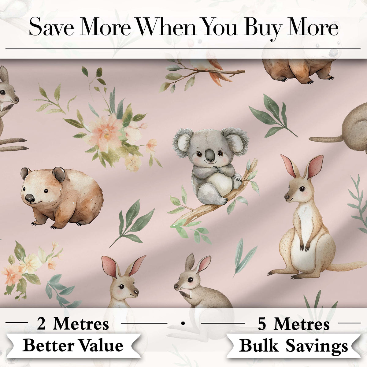 Cute Woodland Animals Koala Kangaroo Bear Floral  Pattern Blush Pink Background Digital Print Fabric by the Metre UK Sewing Quilting Textile