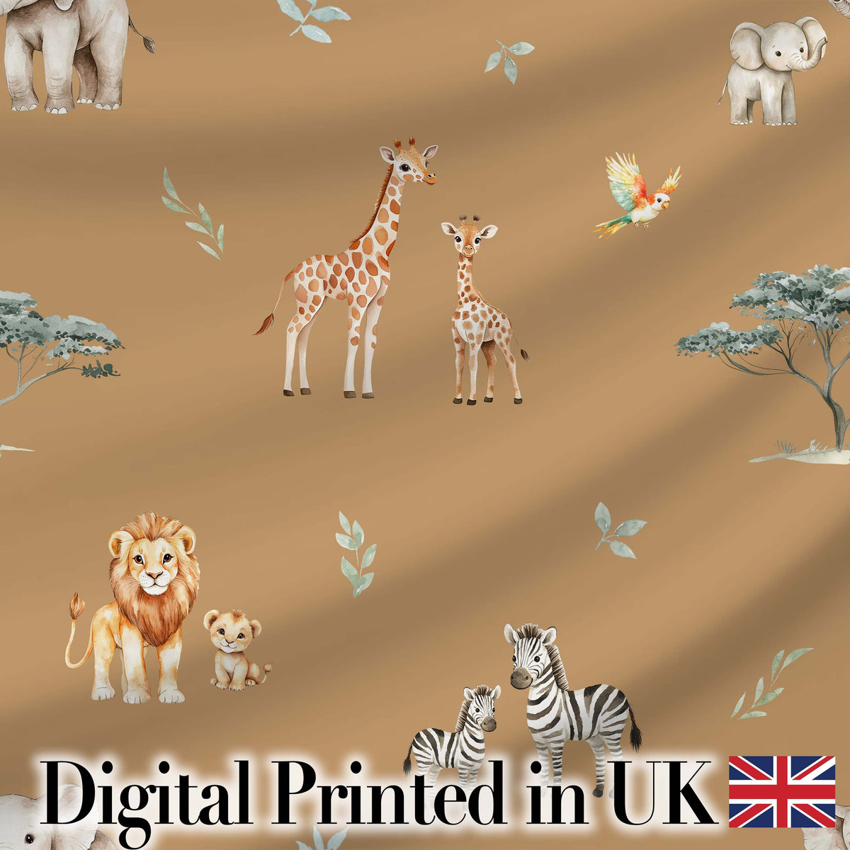 Cute Safari Animals Lion Giraffe Zebra Elephant  Pattern Cream Background Digital Print Fabric by the Metre UK Sewing Quilting Textile