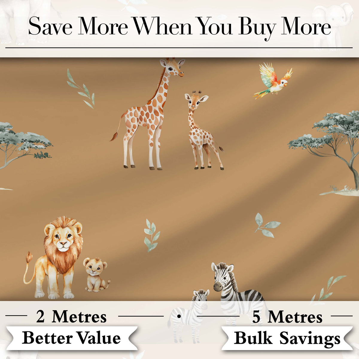 Cute Safari Animals Lion Giraffe Zebra Elephant  Pattern Cream Background Digital Print Fabric by the Metre UK Sewing Quilting Textile