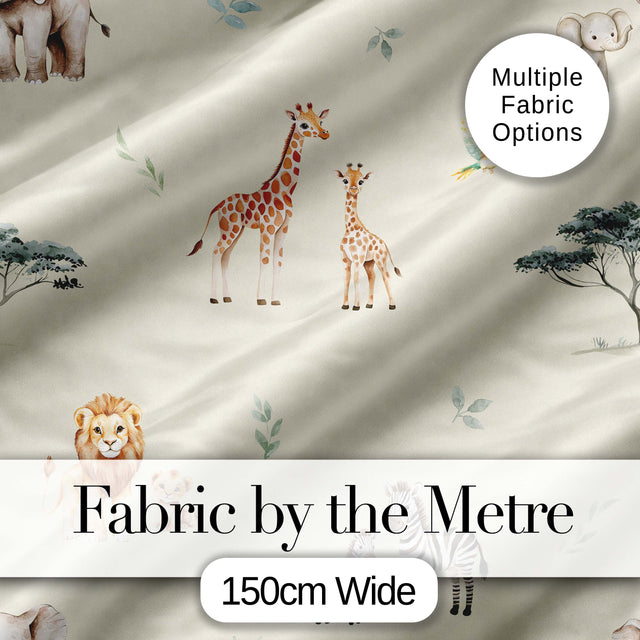 Cute Safari Animals Lion Giraffe Zebra Elephant  Pattern Beige Background Digital Print Fabric by the Metre UK Sewing Quilting Textile