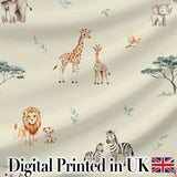 Cute Safari Animals Lion Giraffe Zebra Elephant  Pattern Beige Background Digital Print Fabric by the Metre UK Sewing Quilting Textile