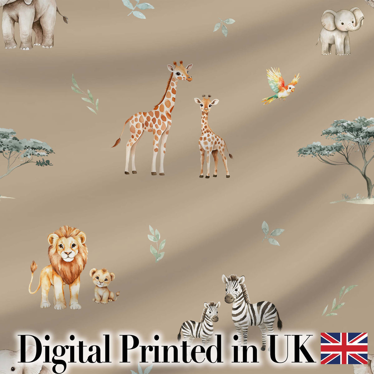 Cute Safari Animals Giraffe Lion Zebra Parrot Seamless Pattern Beige Background Digital Print Fabric by the Metre UK Sewing Quilting Textile