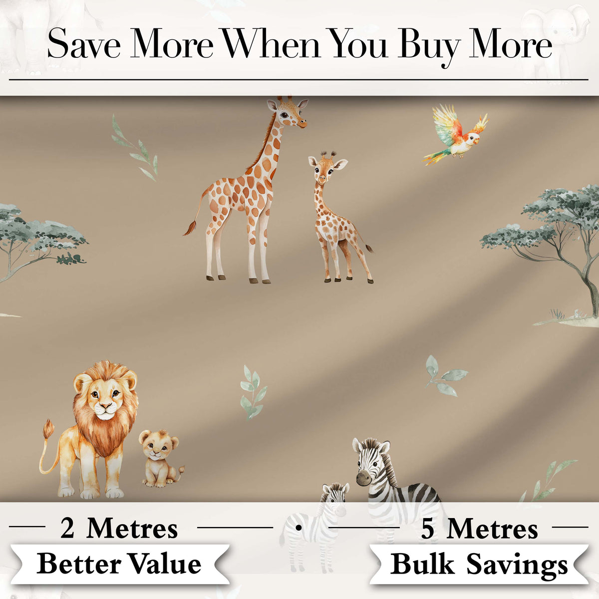 Cute Safari Animals Giraffe Lion Zebra Parrot Seamless Pattern Beige Background Digital Print Fabric by the Metre UK Sewing Quilting Textile